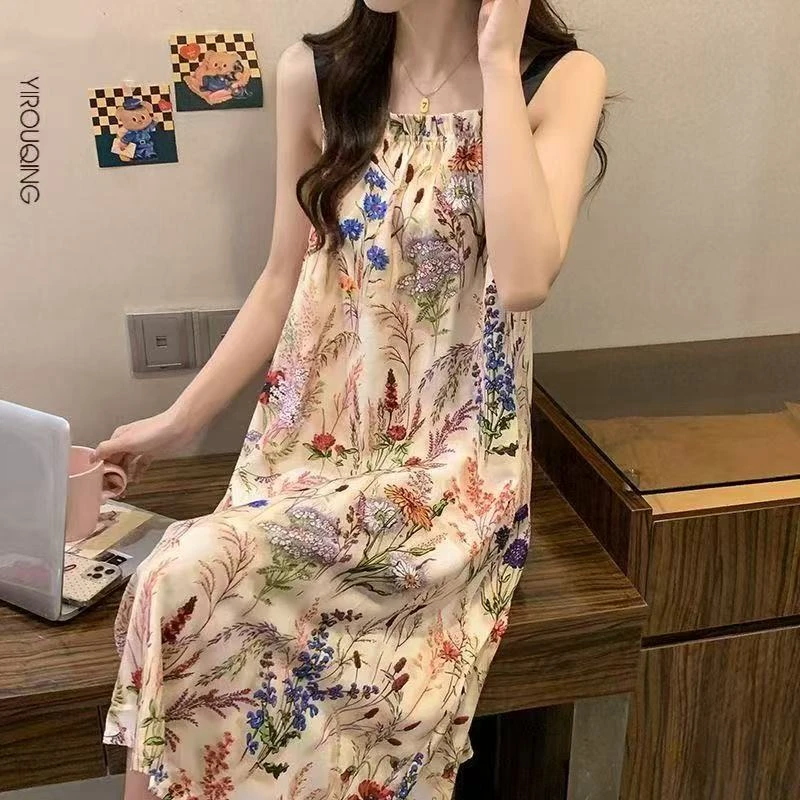 2025夏天法式度假风大码宽松显瘦薄款甜美印花无袖女士吊带睡衣