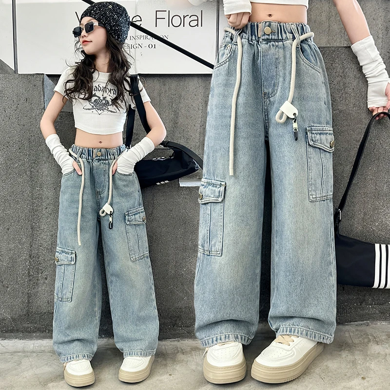 女童牛仔工装裤2025春秋装中大童休闲宽松韩版裤子儿童时髦阔腿裤