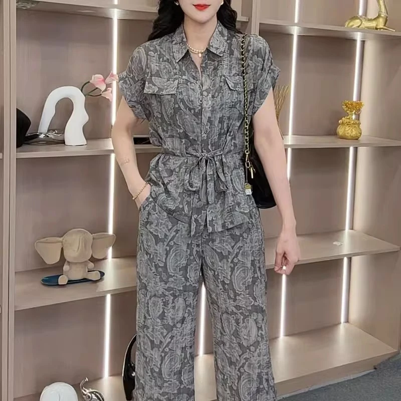 时尚套装女2025新款夏季薄款休闲风系带收腰女装阔腿裤印花两件套