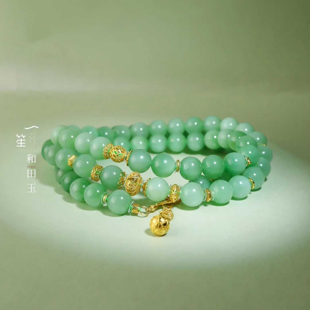 【一笙珠宝】传世级和田玉新疆黑羊洞猫眼项链18k金镶裸约72颗8mm