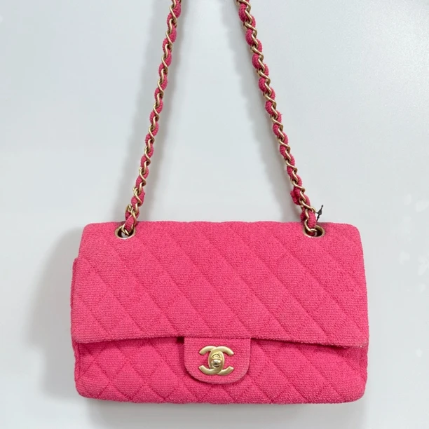 95新 Chanel/香奈儿 复燃精选/粉色中号双翻盖粗花呢cf单肩包
