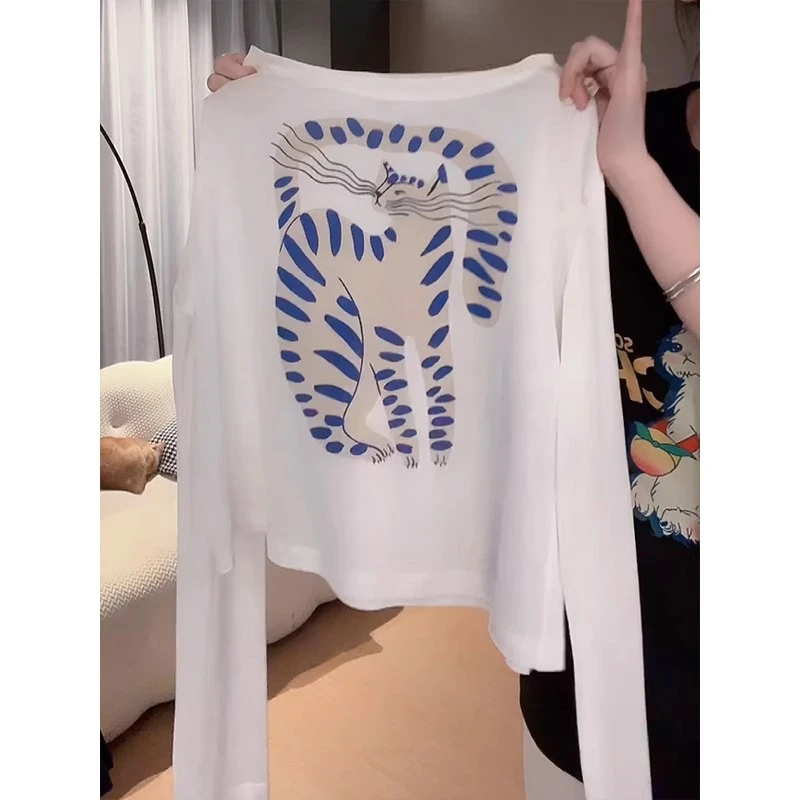 猫咪印花白色防晒长袖t恤女夏季2025年新款薄款空调罩衫短款上衣