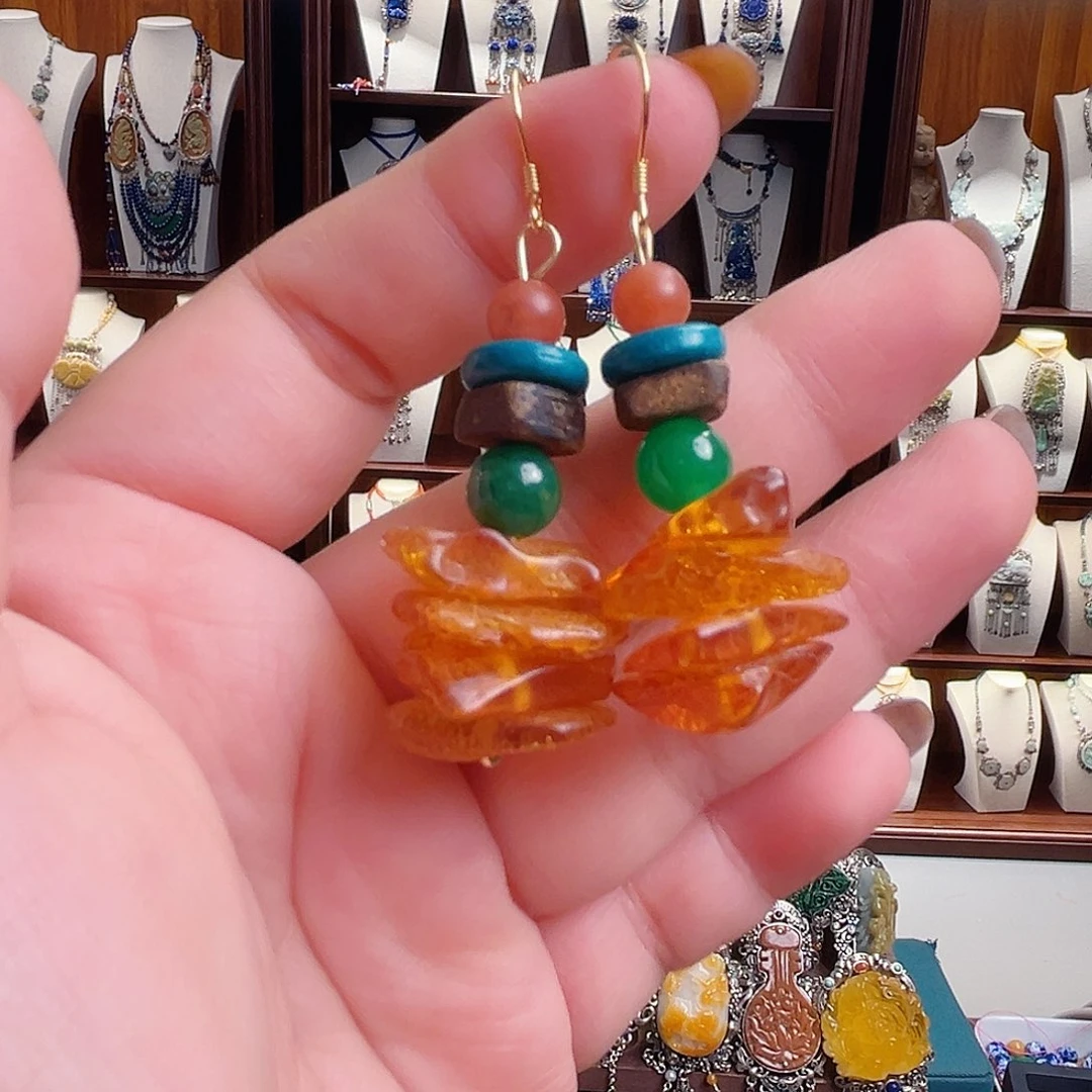 琥珀银S925镶嵌挂件耳环