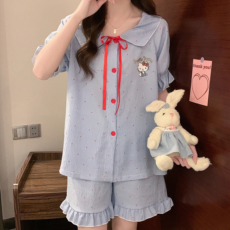 甜美少女Kitty猫短袖短裤睡衣女夏季甜美可爱风开衫家居套装4117