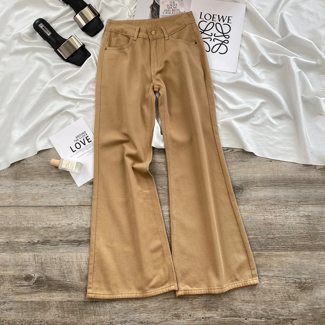 卡其色低腰微喇牛仔裤女2025年秋装新款显瘦宽松不贴腿拖地喇叭裤