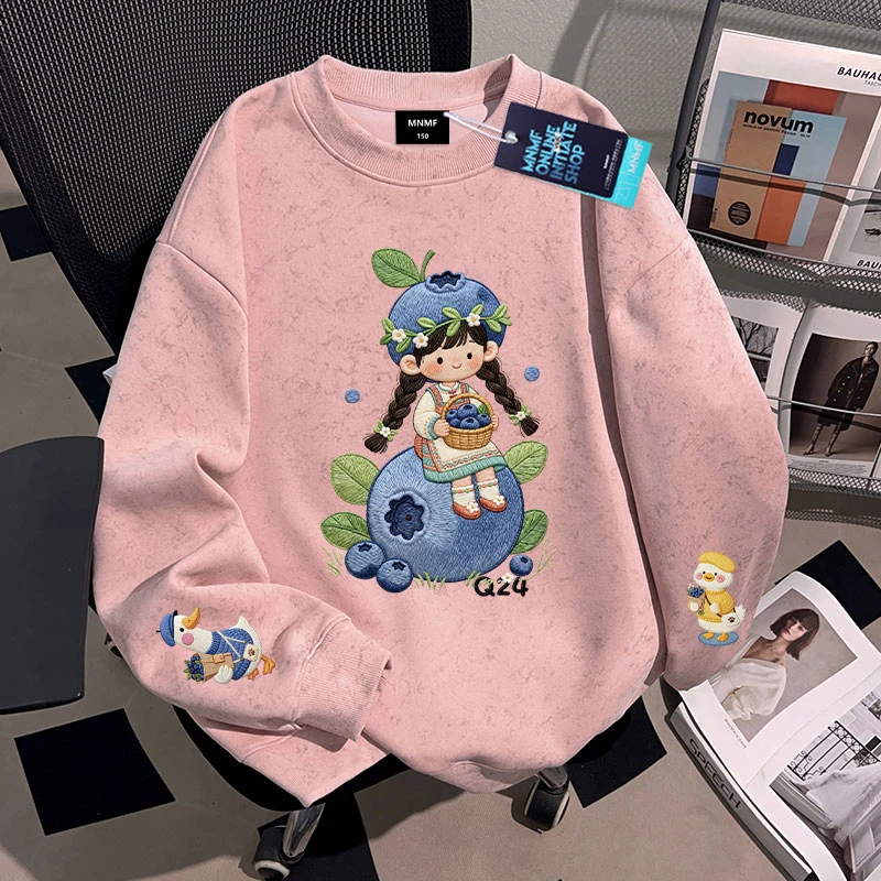 女童可爱蓝莓女孩伪刺绣印花秋季新款扎染圆领卫衣宽松百搭上衣潮