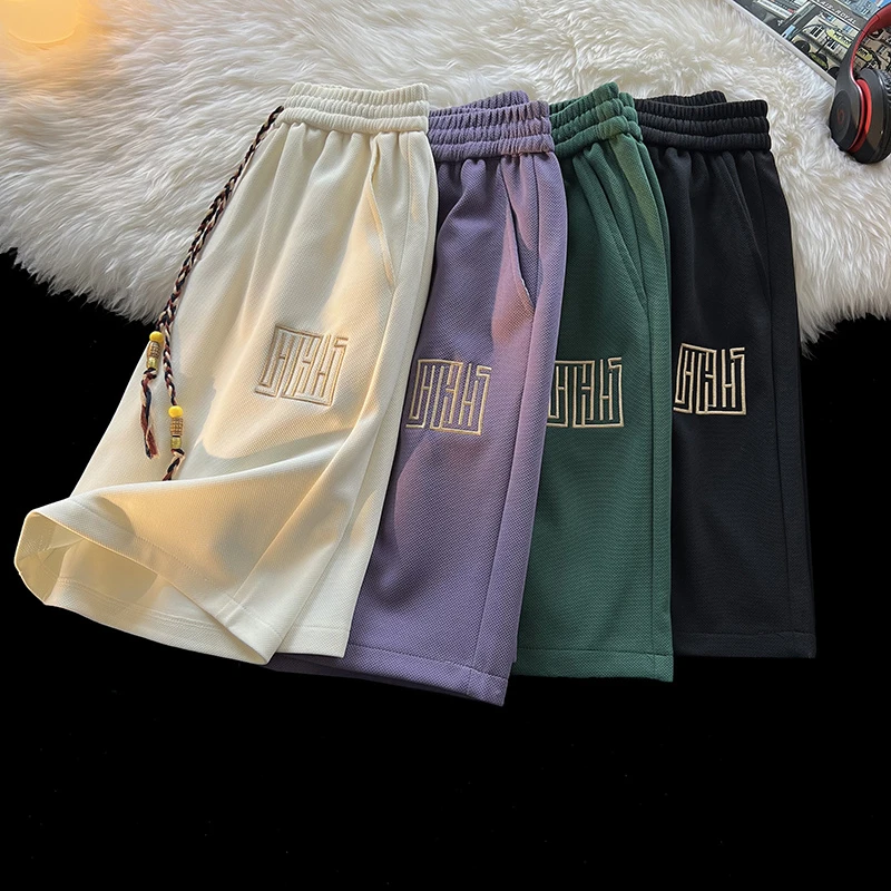 男女同款新中式短裤夏季新款刺绣裤子运动中裤大码宽松休闲五分裤