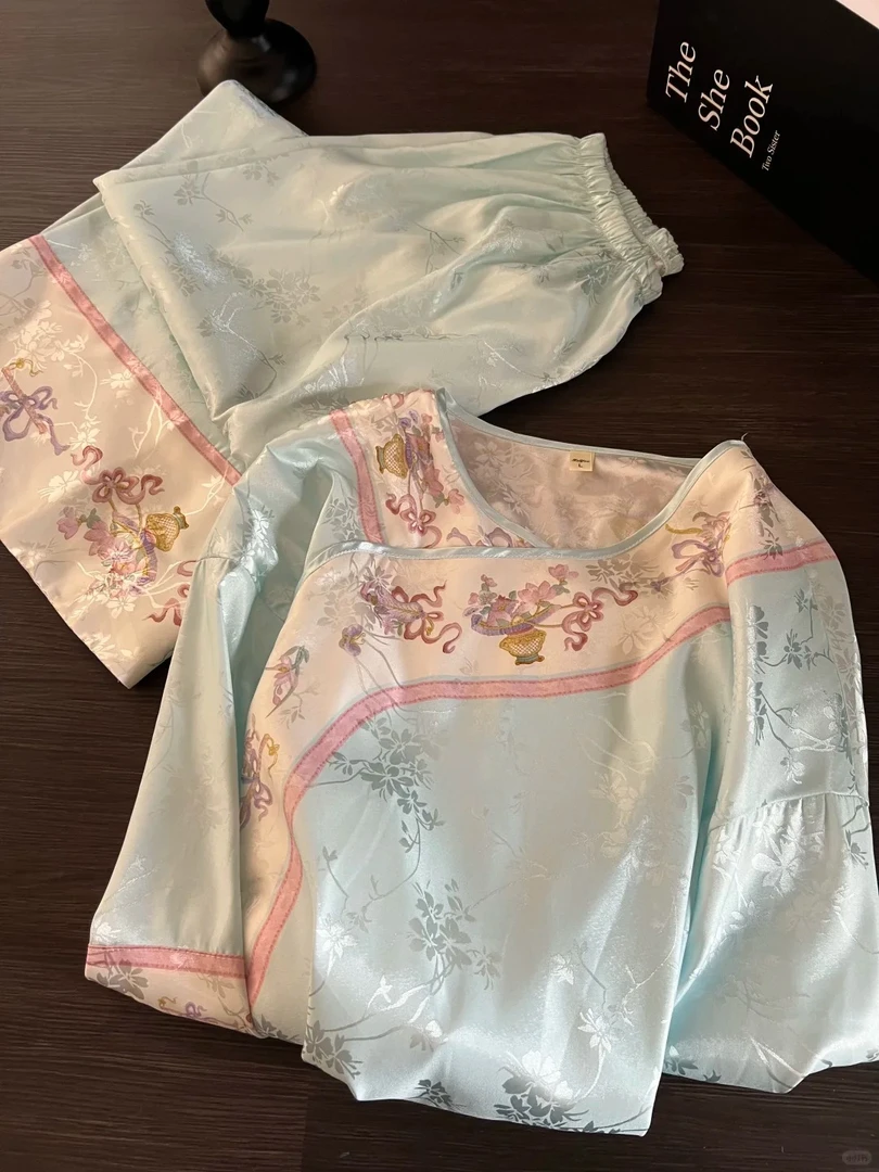 国风新中式复古温柔蓝花卉睡衣女夏季古风长袖长裤套装大码家居服