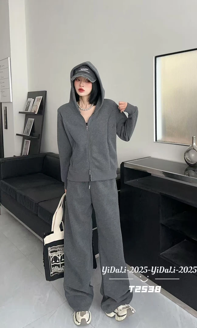 【松弛有度】秋季女士设计款气质显瘦正肩休闲连帽开衫套装T2538