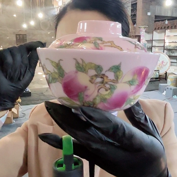 其他陶景德镇高温陶瓷盖碗桃子画片红希希