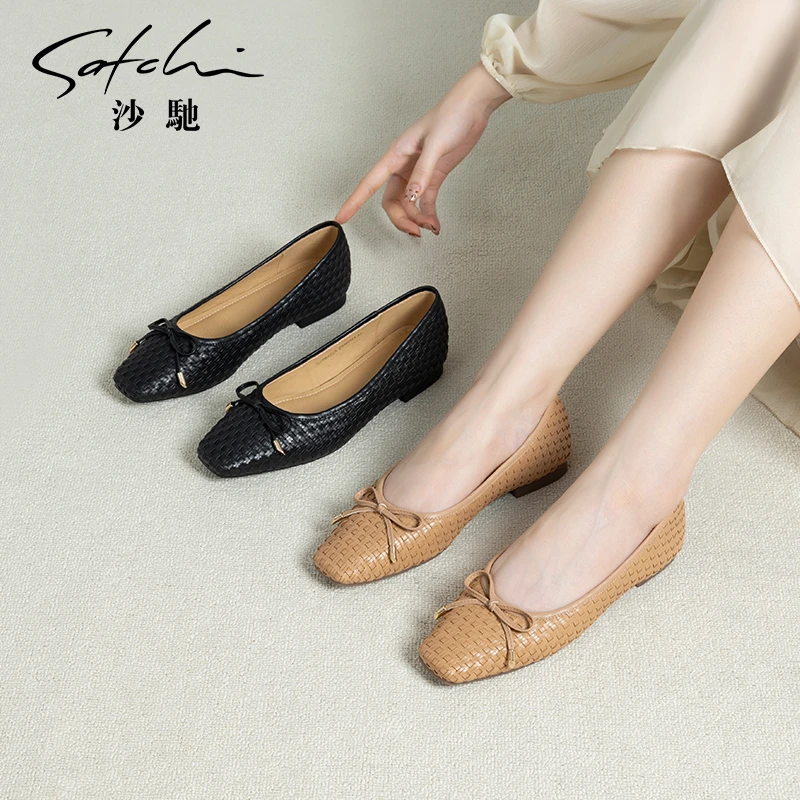沙驰女鞋舒适软底平底单鞋女2025年春季新款舒适编织蝴蝶结通勤鞋