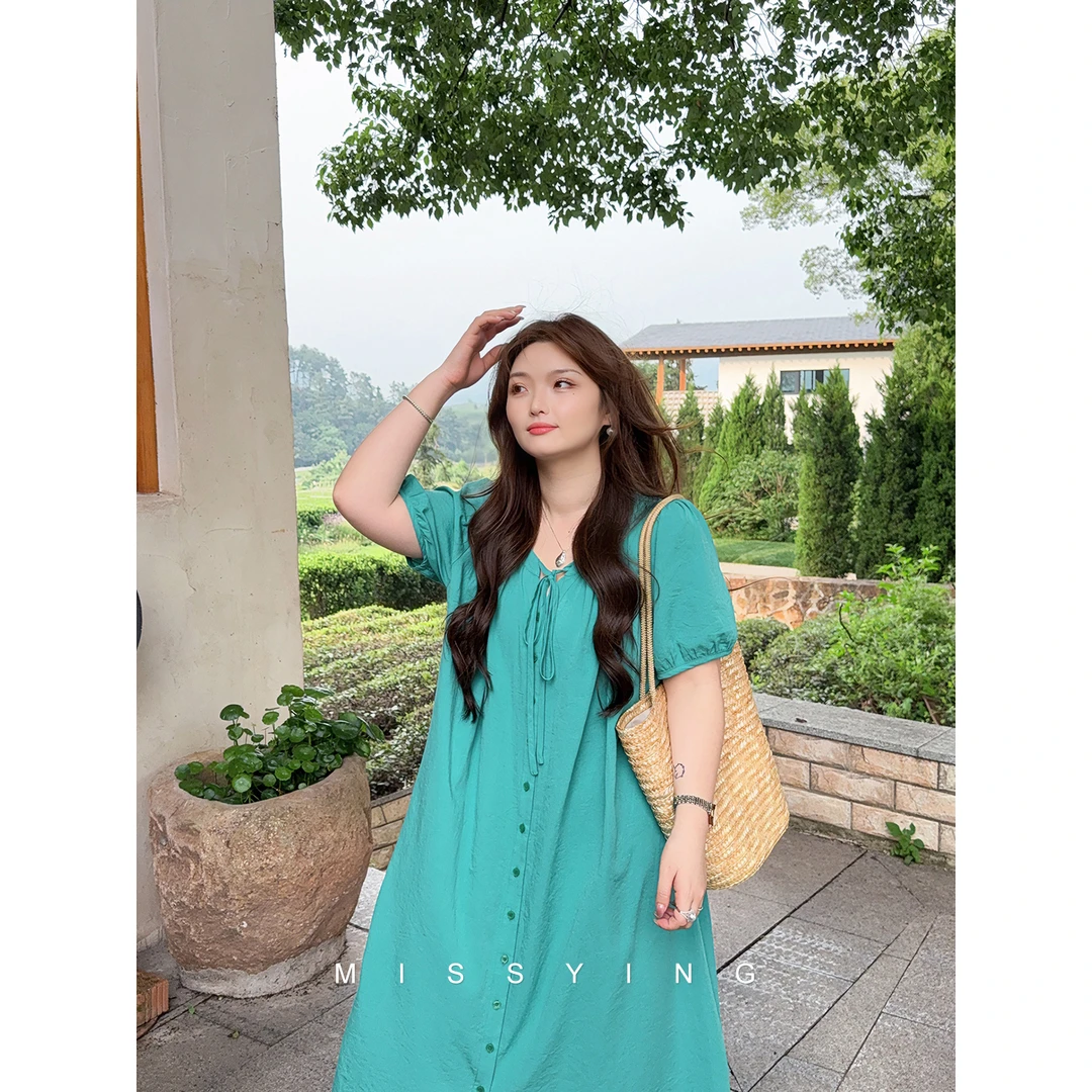 应小姐【格兰手记】微胖大码夏季宽松显瘦法式复古气质泡泡袖连衣裙