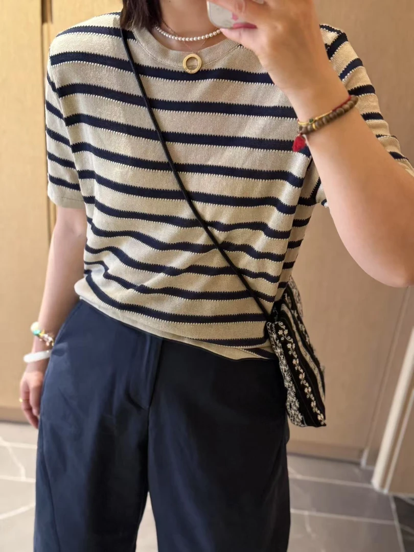 「金小姐」夏款挑空宽条亚麻显瘦针织～