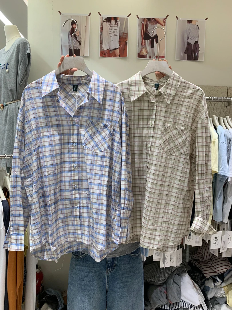 温柔瑶-Misshappy#韩系宽松百搭格纹衬衫#9910