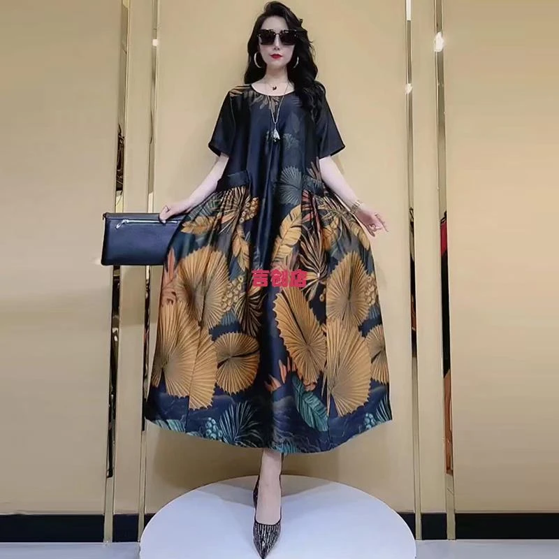 717夏季新款重磅真丝连衣裙加肥加大200斤时尚洋气印花长裙子
