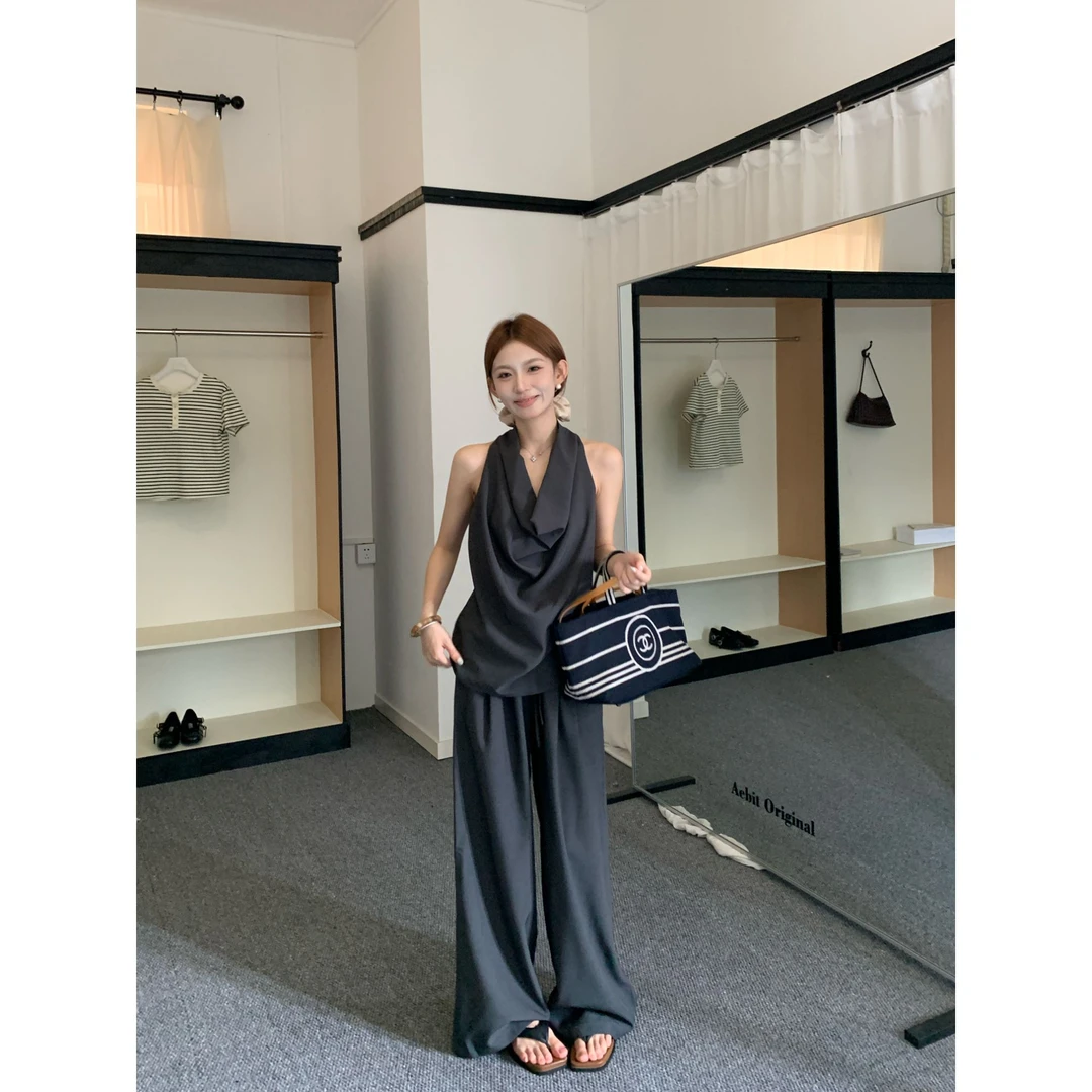 复古荡领上衣休闲裤两件套女夏季气质休闲时尚套装LG26Z1690D