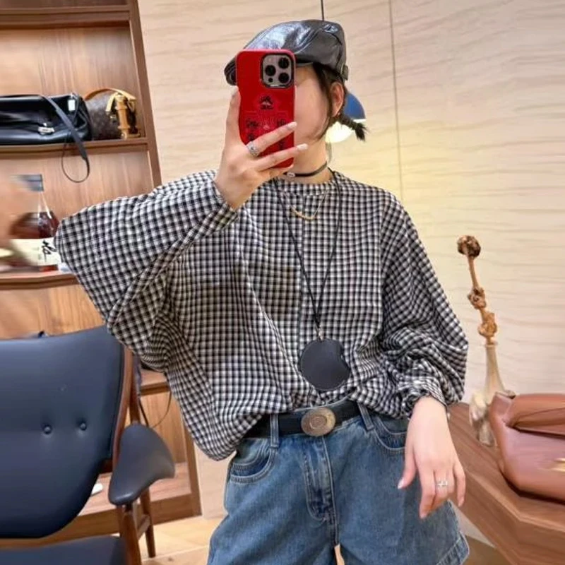 2025年春秋夏季新款韩版时尚洋气拼色格子衬衫女小众洋气复古上衣