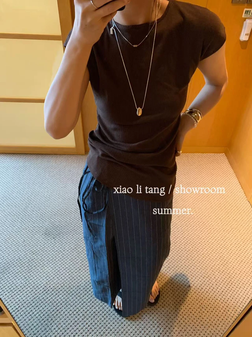 tug 条纹亚麻半裙