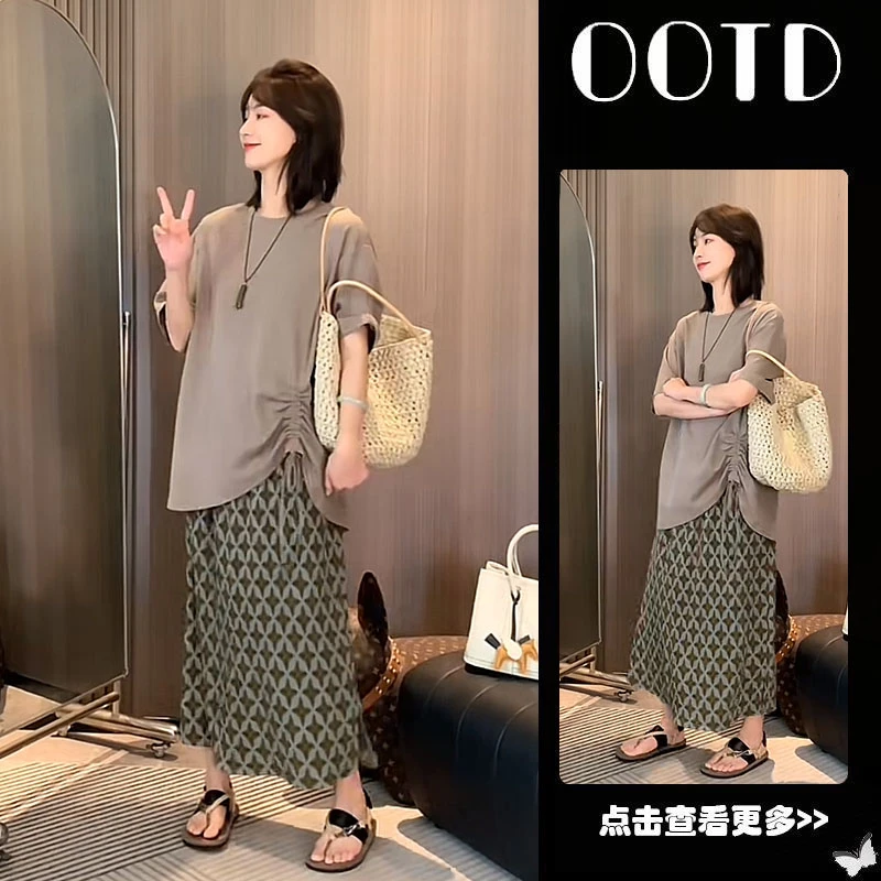 夏季流行穿搭一整套女2025新款韩版抽绳宽松T恤高腰半身裙两件套