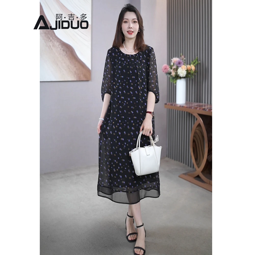 阿吉多A22850印花短袖连衣裙女2025夏季新款高级气质遮肉显瘦裙子