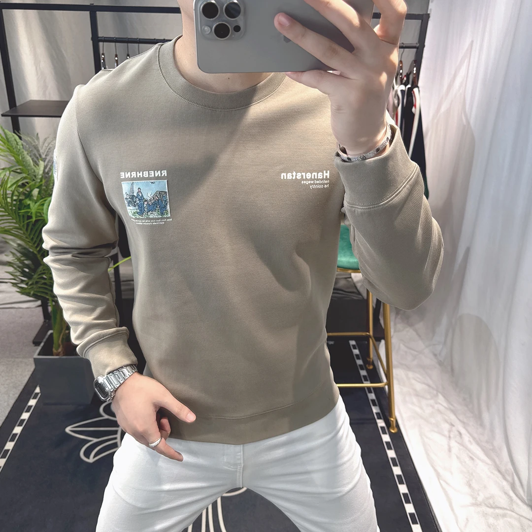 欧洲站秋季2025新款个性卫衣男长袖时尚修身圆领上衣男士打底衫潮