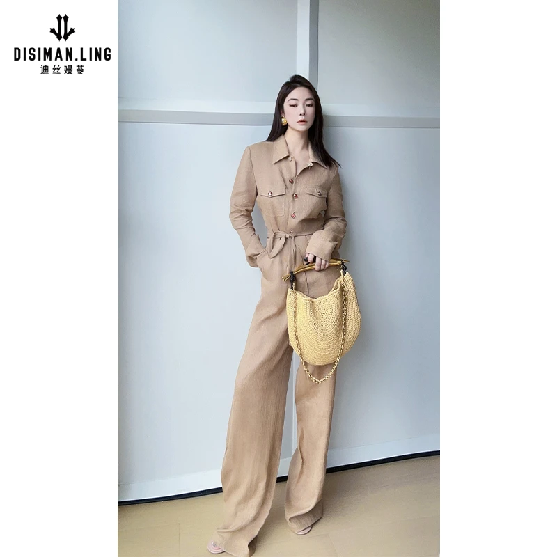 迪丝嫚苓卡其色连体裤100%亚麻气质时尚休闲显瘦直筒百搭复古休闲