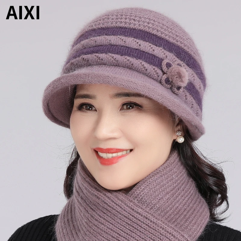中老年人帽子女秋冬季加厚保暖针织毛线帽新款妈妈帽老人奶奶棉帽