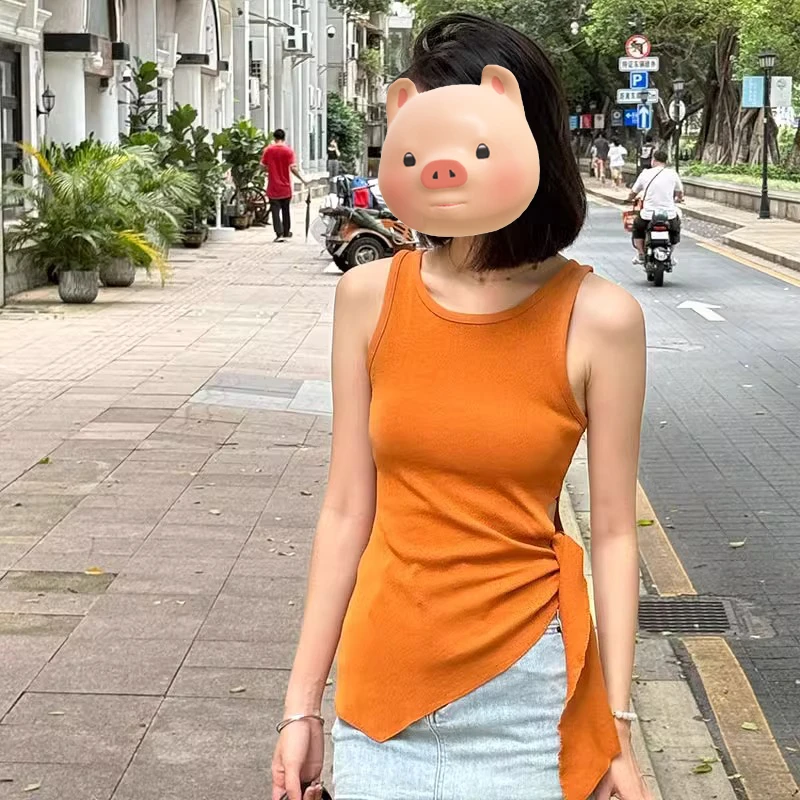 橘色冰丝针织吊带背心女夏季外穿设计感收腰绑带修身开叉无袖上衣