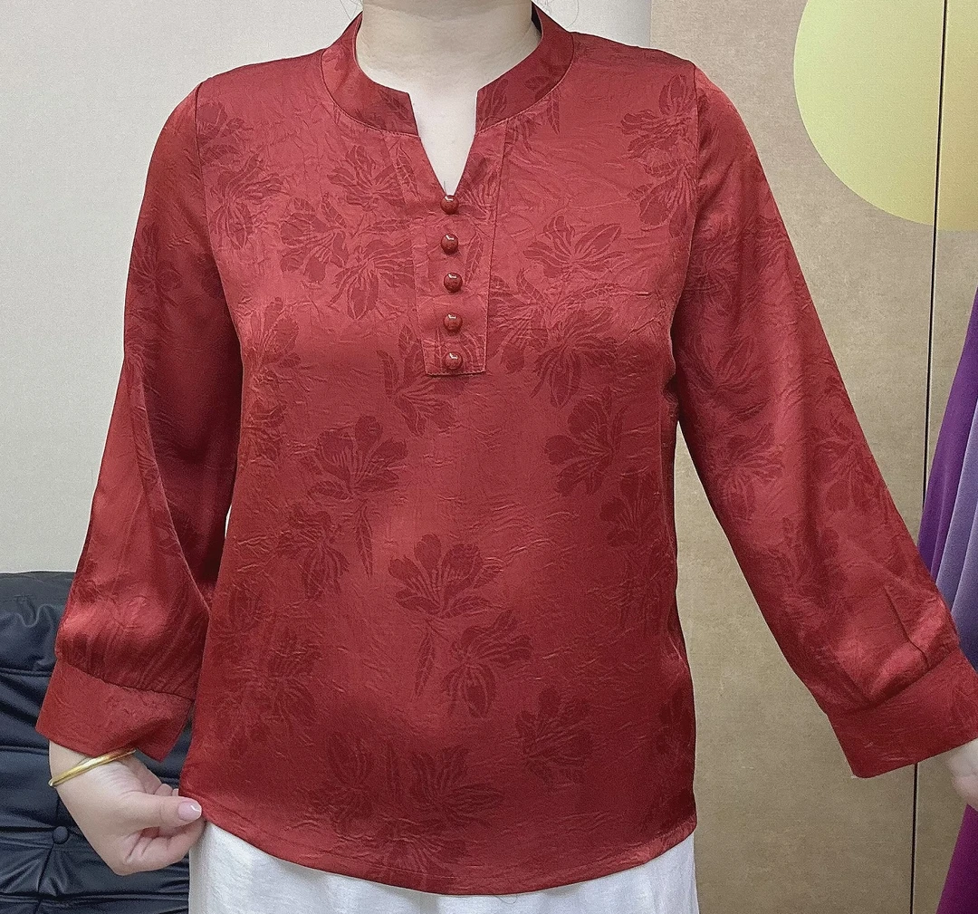 春秋款冠乐皱立领九分袖时尚气质妈妈装上衣大码衬衫宽松百搭