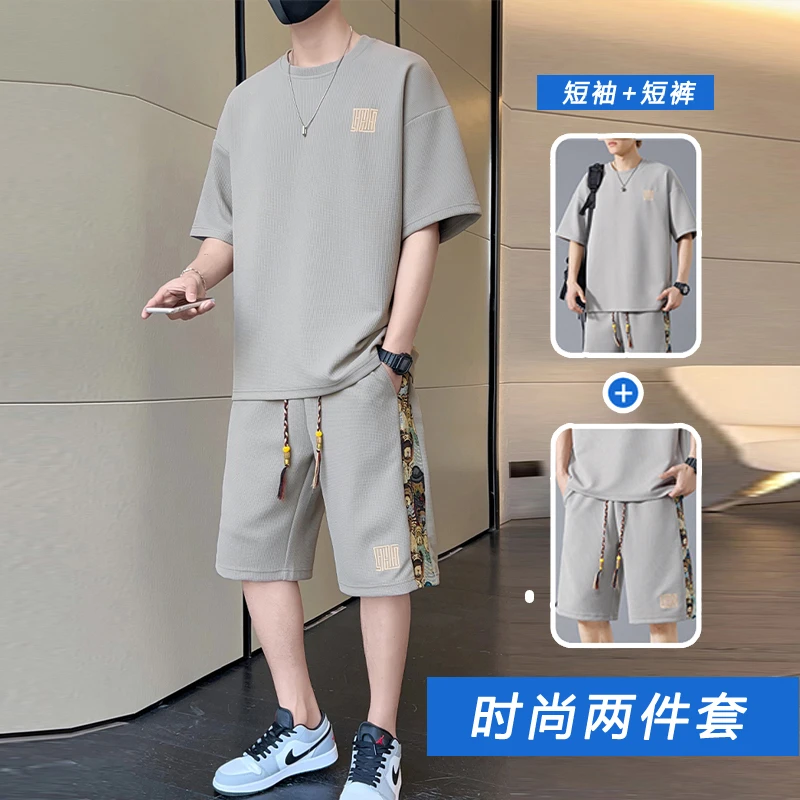 HE夏季新款国风套装男士休闲运动套装宽松版大码设计感刺绣百搭