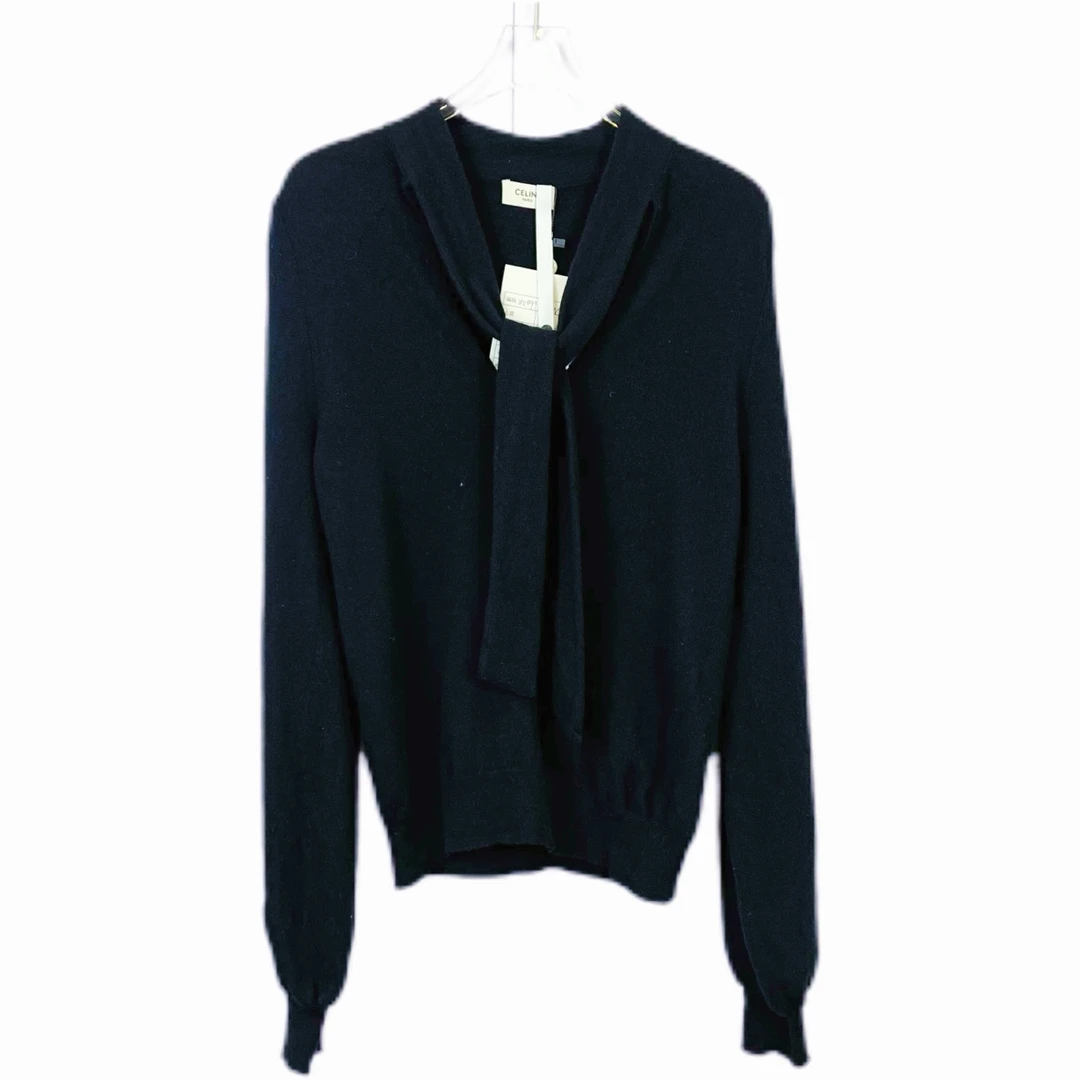 99新 Celine/思琳 010099 纯色领部系带休闲毛衣 M码