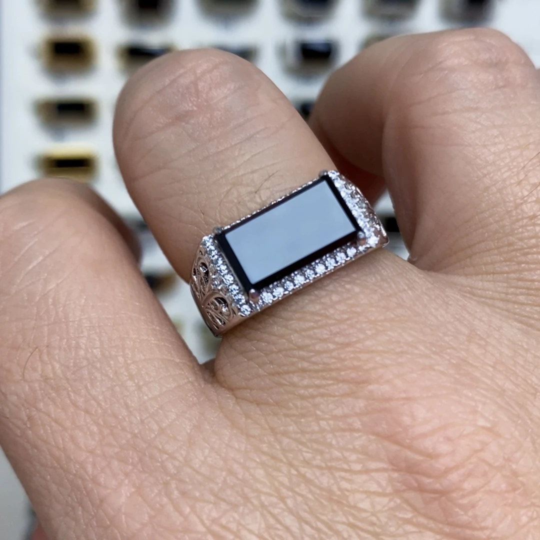 翡翠银S925镶嵌戒指墨翠戒指