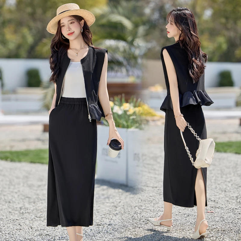 套装显瘦气质洋气时尚夏季黑色收腰中长款2025新款半身裙无袖上衣