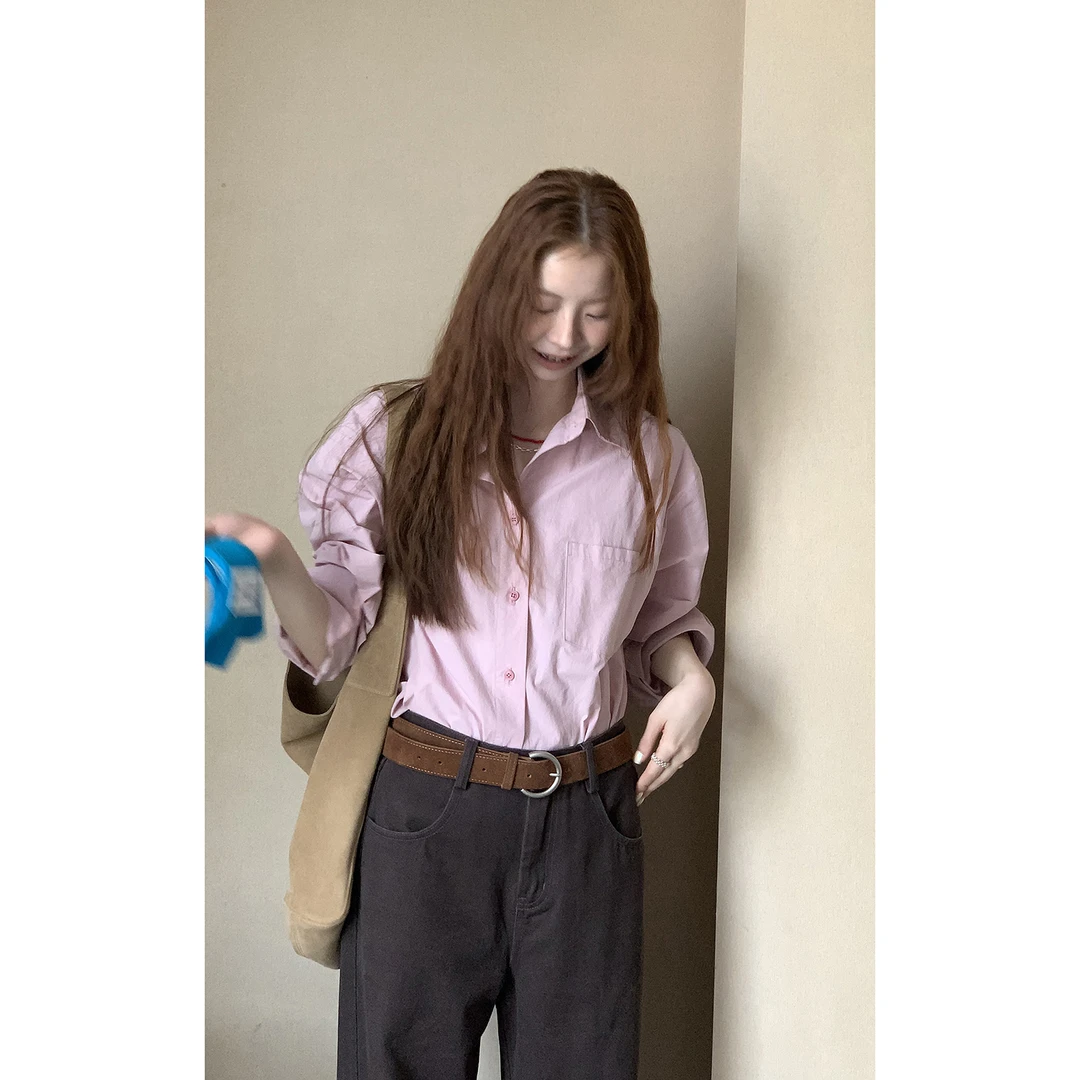 韩系经典百搭气质粉色衬衫女秋季2025新款复古设计感通勤内搭上衣