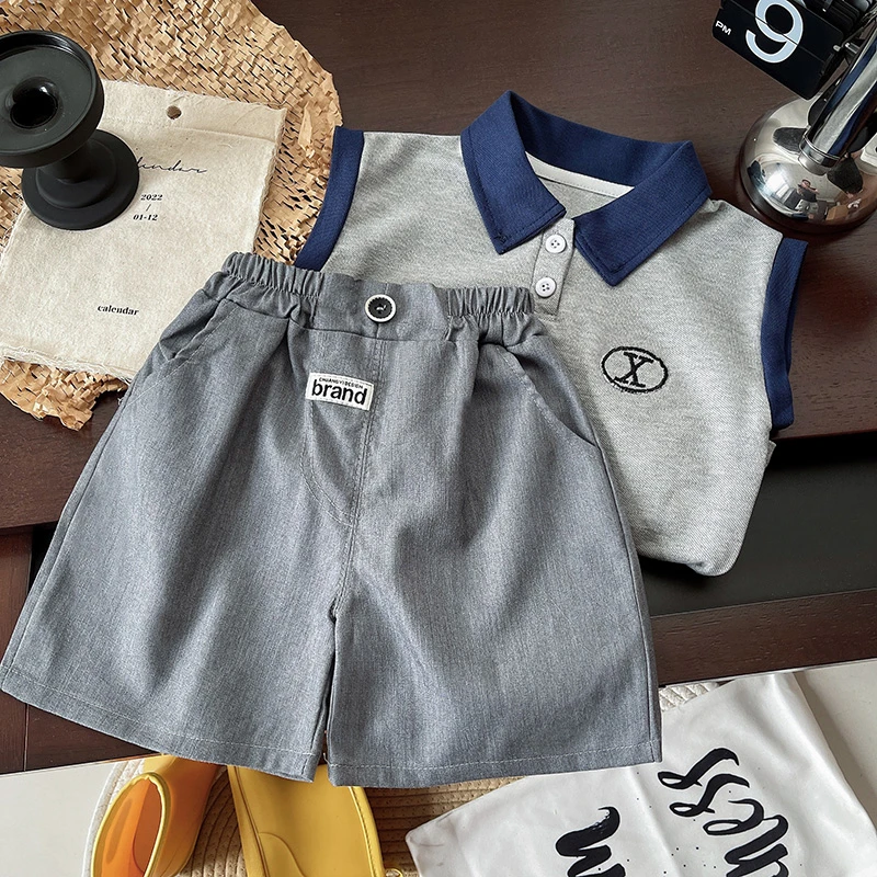 25新款男孩帅气套装夏季新品翻领Polo上衣男宝宝韩版休闲5分裤潮