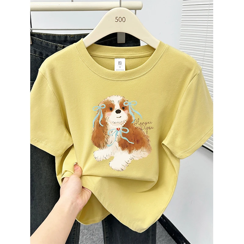 大码胖mm设计感别致正肩短袖t恤女夏季新款洋气小狗印花显瘦上衣