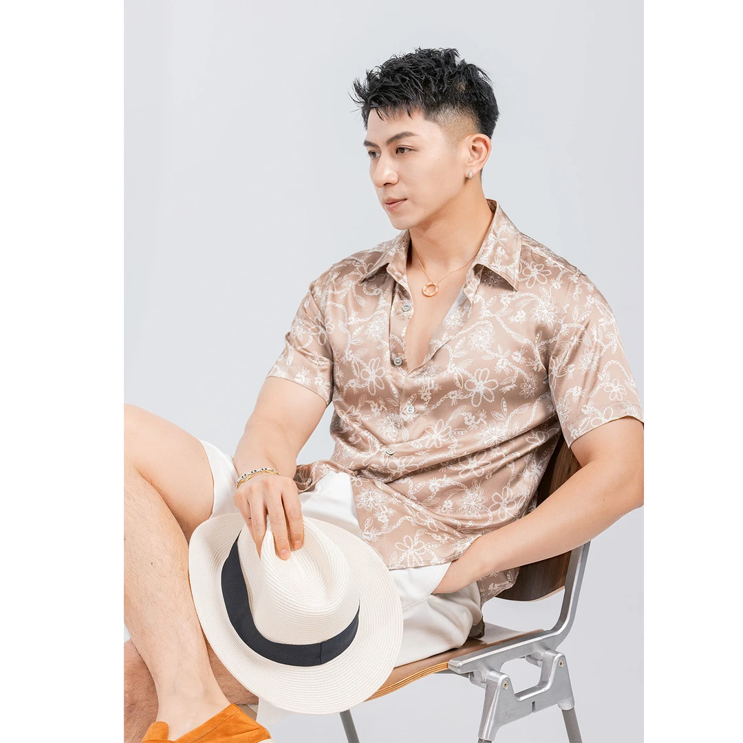 言吉男装高端新品休闲真丝衬衫夏季新款时尚桑蚕丝衬衣YJ55088