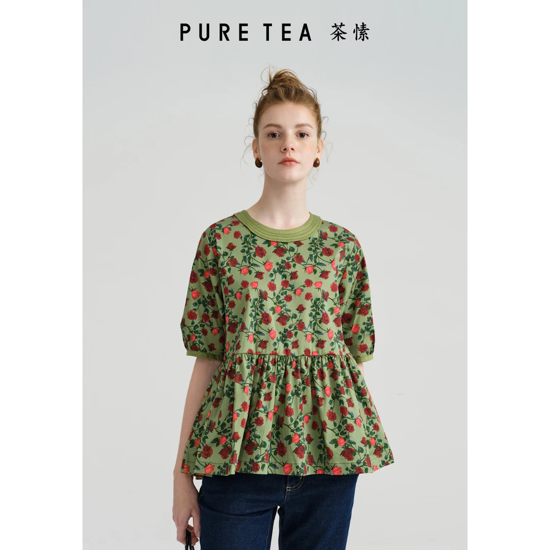 【荆棘玫瑰】puretea茶愫印花棉衬衫女圆领泡泡袖2024秋新KJ0202D12