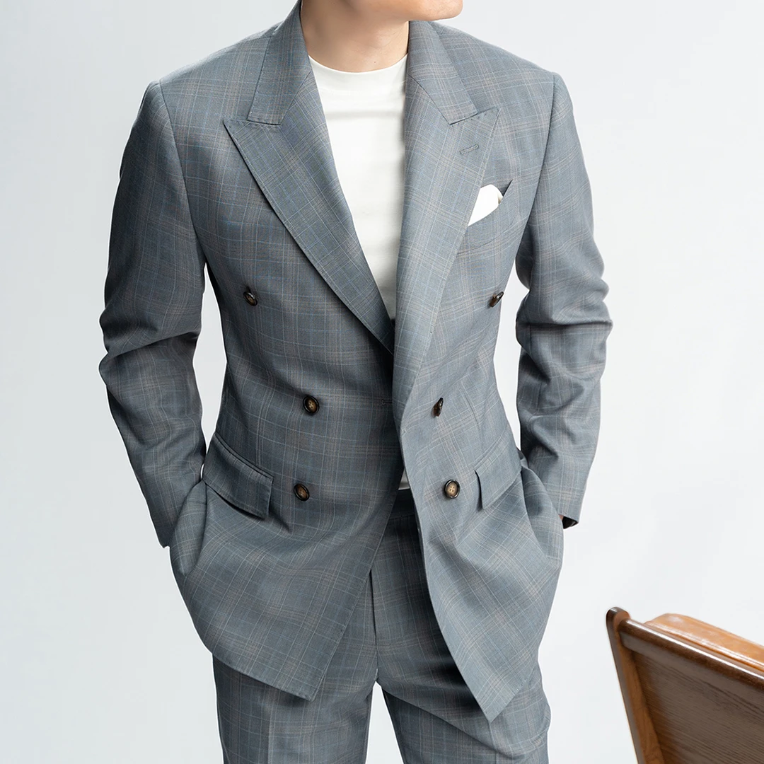 谷巢高定男士双排扣西装四季薄款暗格纹戗驳领商务休闲西服套装