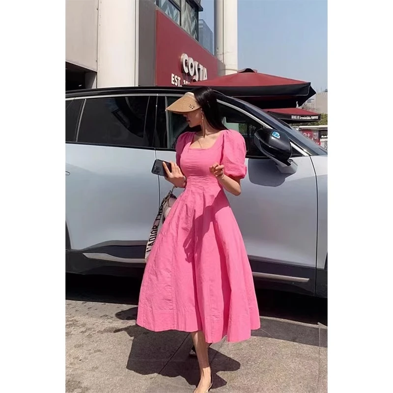 法式连衣裙女夏季小众泡泡袖温柔甜美方领收腰显瘦玫粉色A字长裙