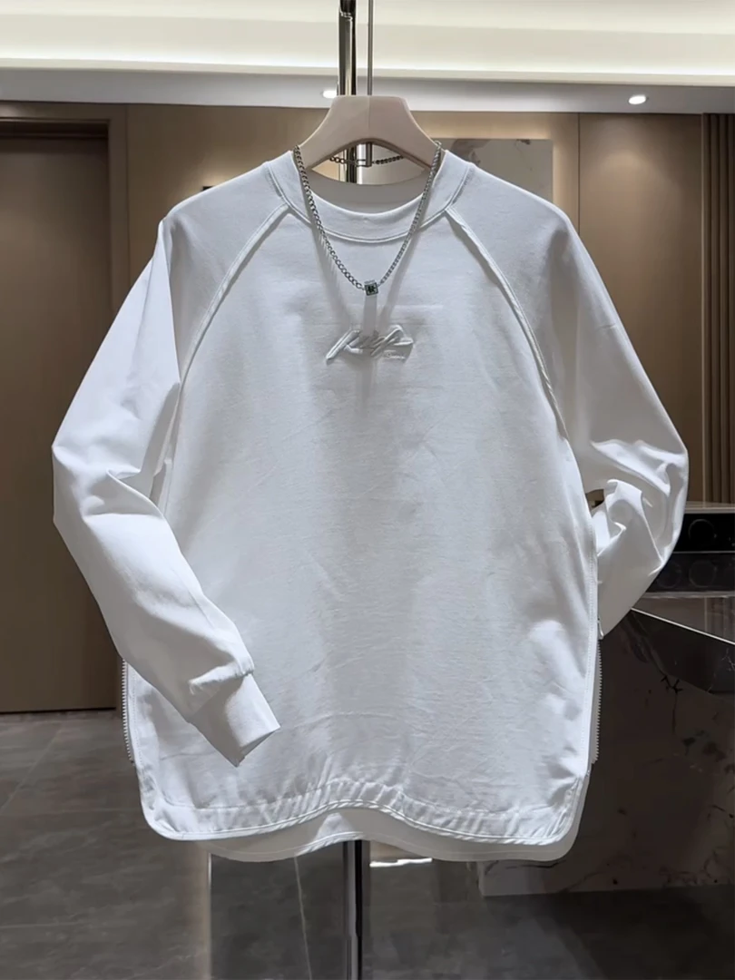 2025秋季长袖男士设计师风包边拼接T恤侧拉链刺绣纯色百搭卫衣男