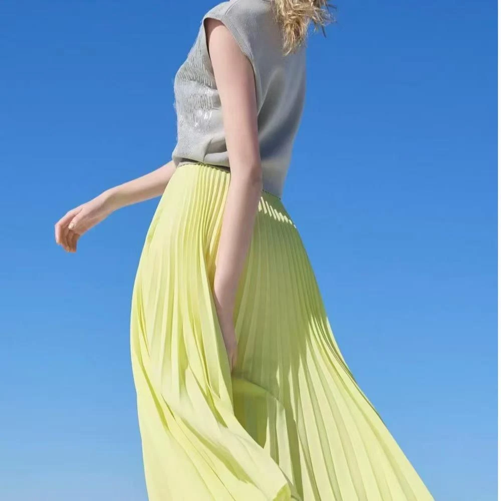 C110【朵拉外贸】仿麻百褶裙大摆裙