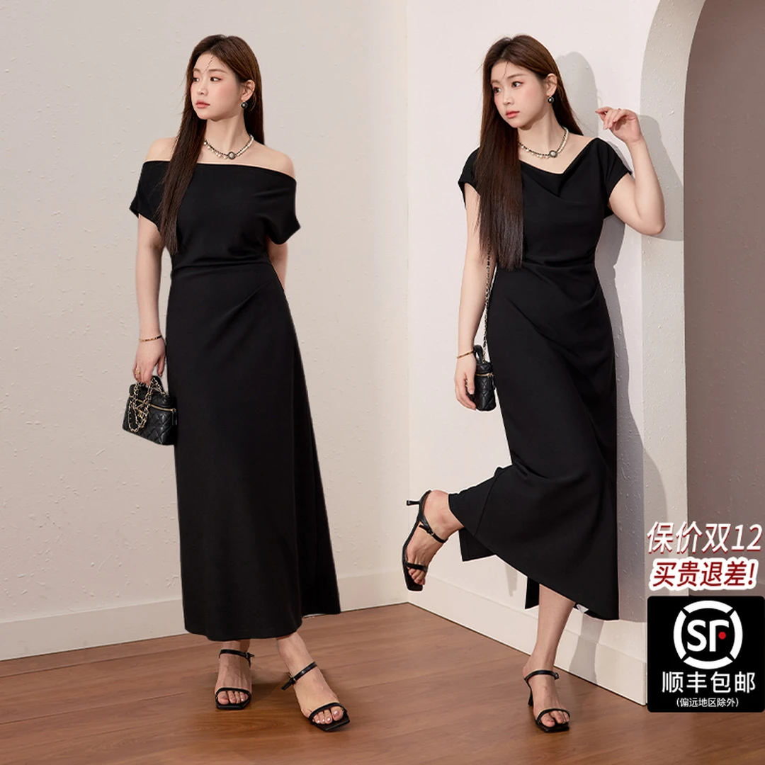蓝语大码女装重要气质黑色连衣裙夏季婚礼新款赫本风收腰a字长裙