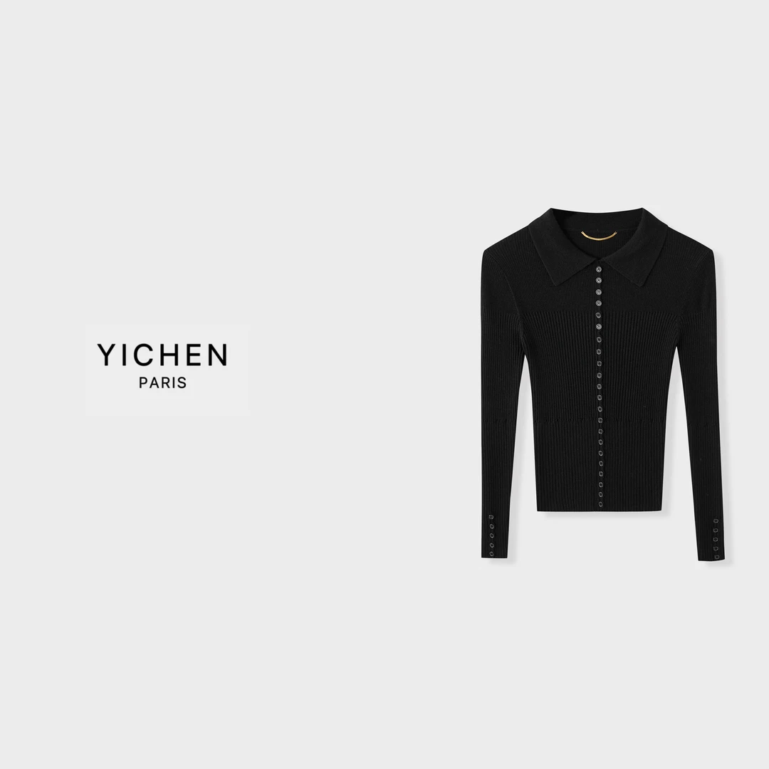 YC 炭黑色金属链条翻领单排扣修身针织打底衫-2923