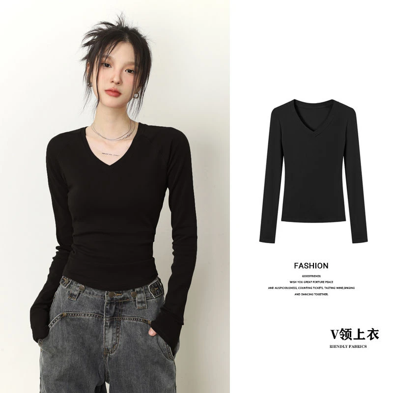 甜辣德绒V领长袖t恤女秋季新款修身显瘦内搭打底衫小众设计感上衣