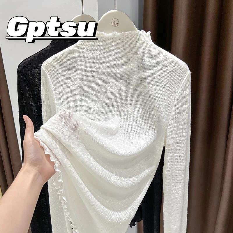 GPTSu针织修身气质打底衫女秋冬季洋气内搭个性提花花边下摆上衣