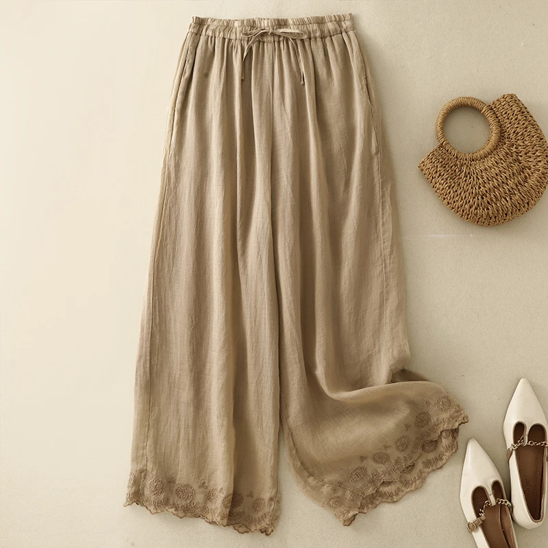 夏季新款2025复古重工刺绣苎麻裤女双层阔腿裤文艺夏季薄款直筒裤