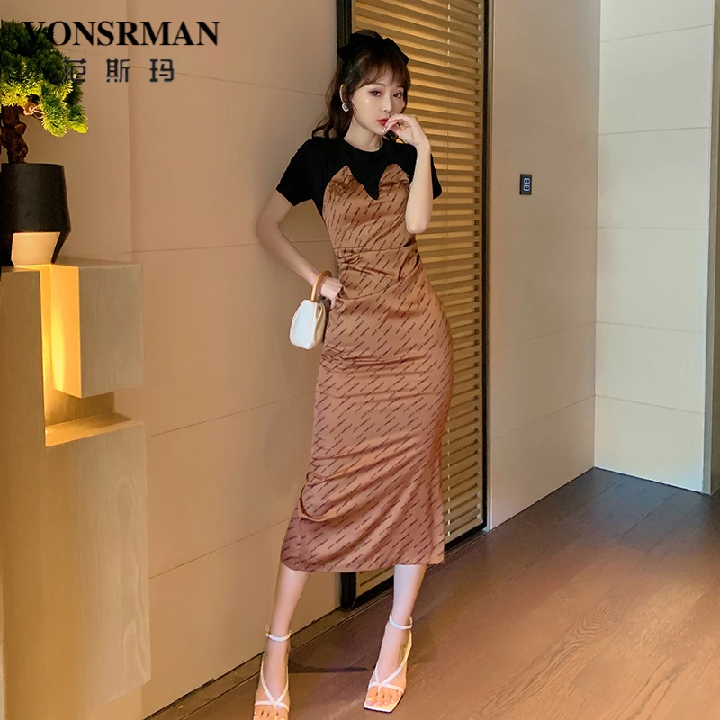 法式包臀连衣裙复古小众拼接别致设计感字母印花收腰显瘦过膝长裙