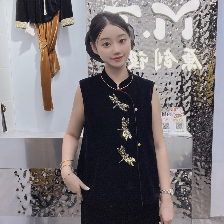 秋季新中式精致轻奢手工串珠蜻蜓丝绒马甲女（衣长约63cm）