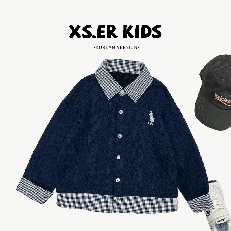 【小首尔】现货-春季男童简约韩版时尚学院风假两件针织毛衣HBB6788